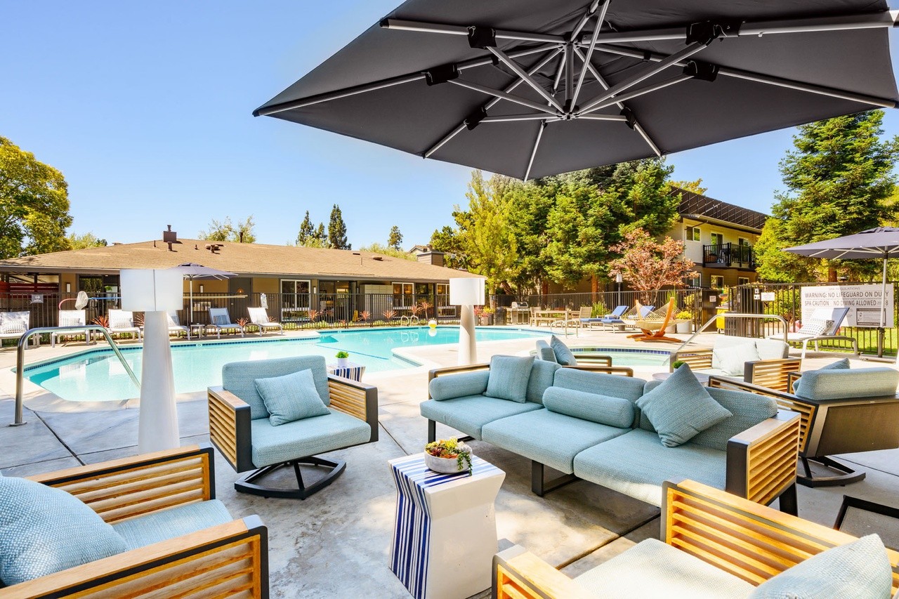 Poolside common area pictured in the Fountain Park portfolio project